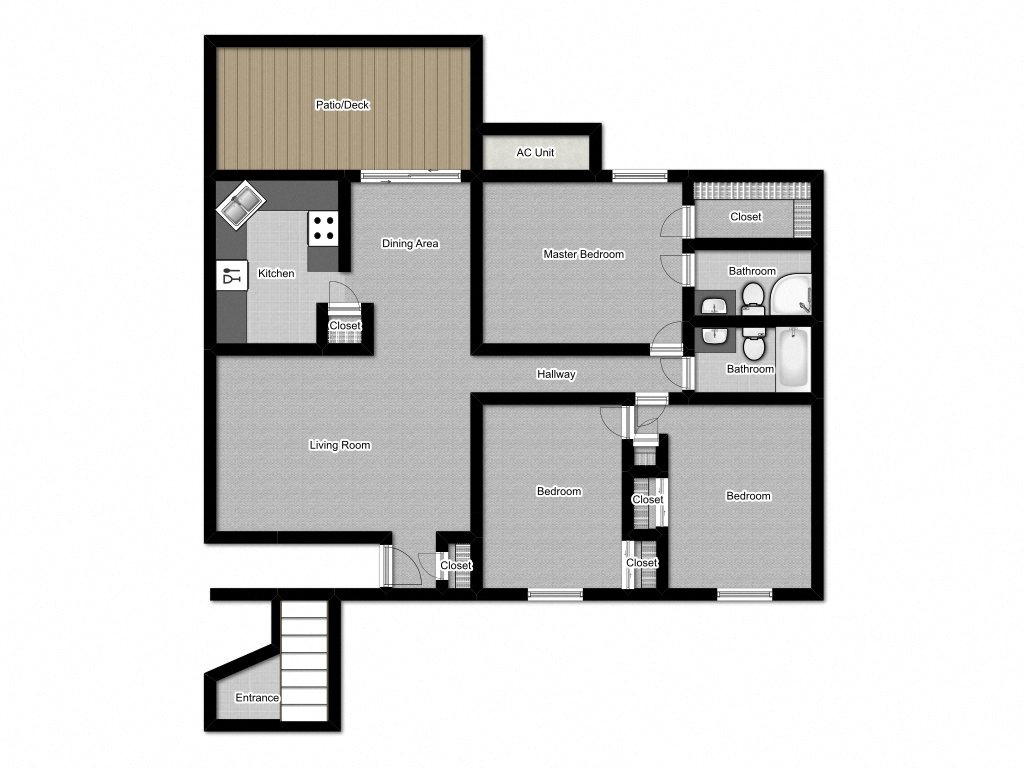 Floor plan for 3 beds, 2 baths, 1200 sqft